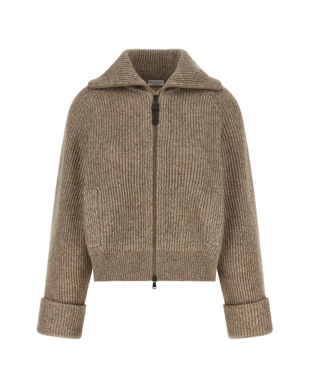 Brunello Cucinelli Brown 'shiny Zipper Pull' Cardigan