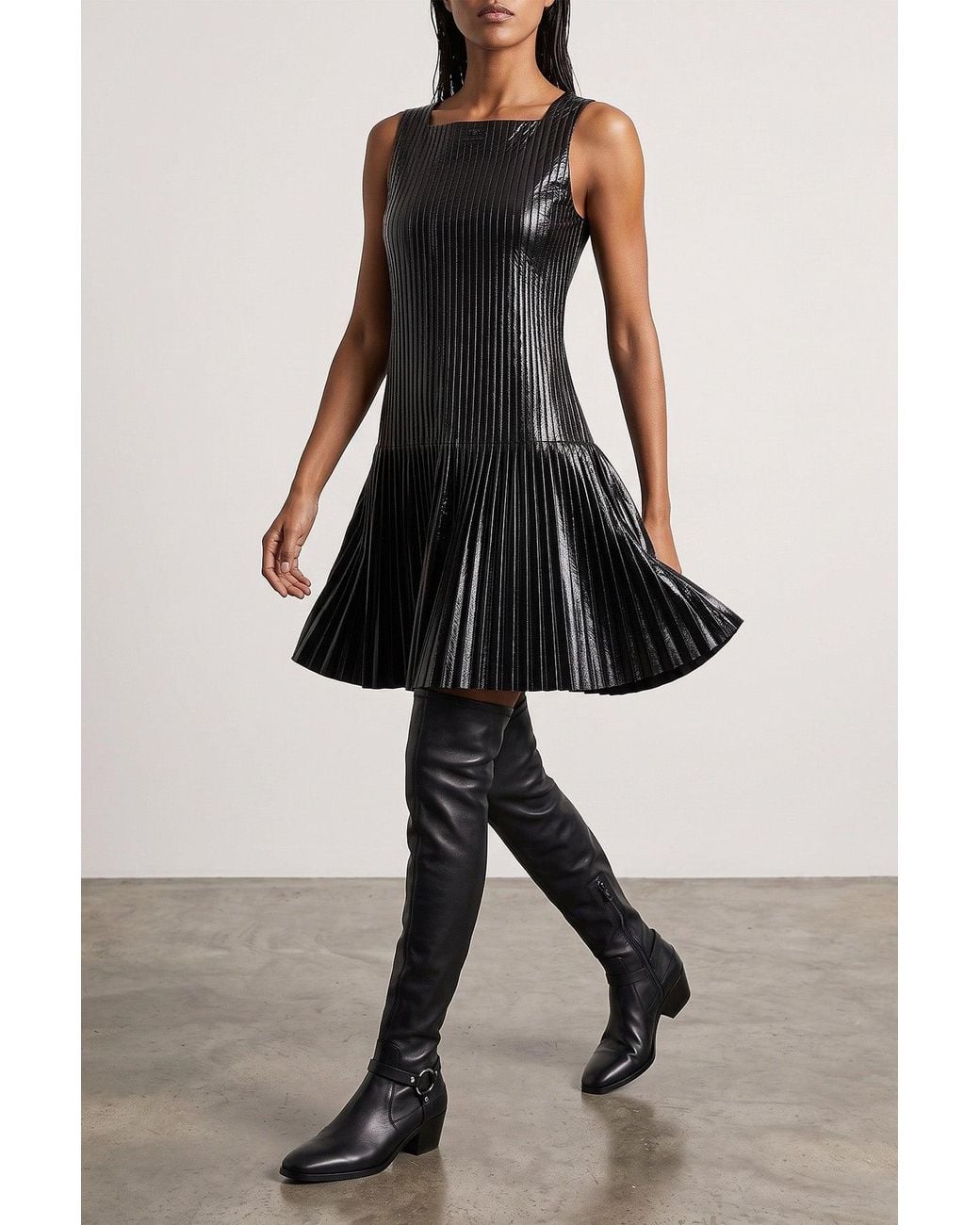 Courreges Black Pleated Vinyl Dress