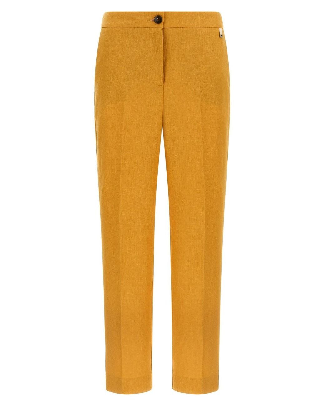 Herno Yellow Linen Trousers With Metal Plaque
