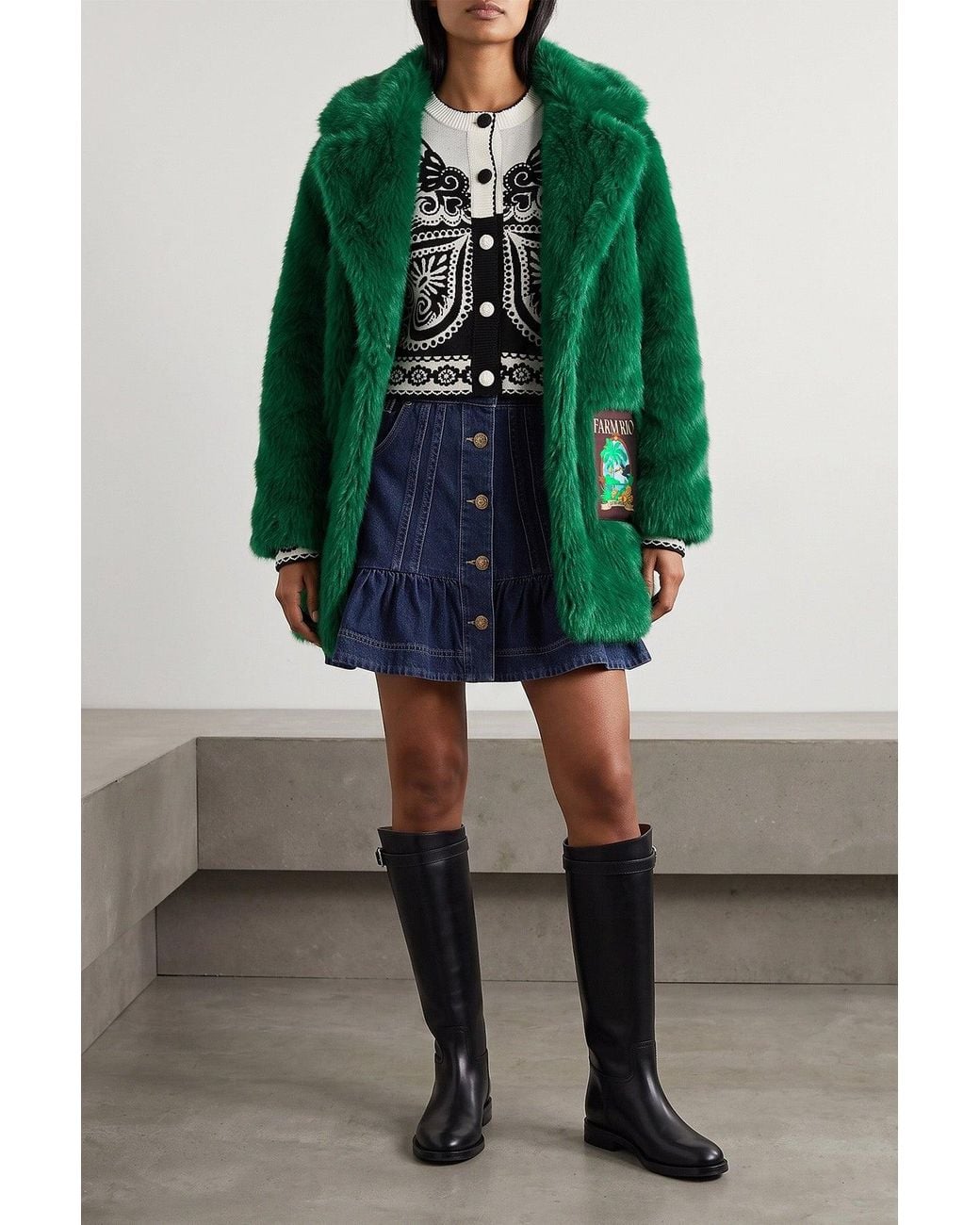 Farm Rio Green Graphic Patch Faux Fur Coat
