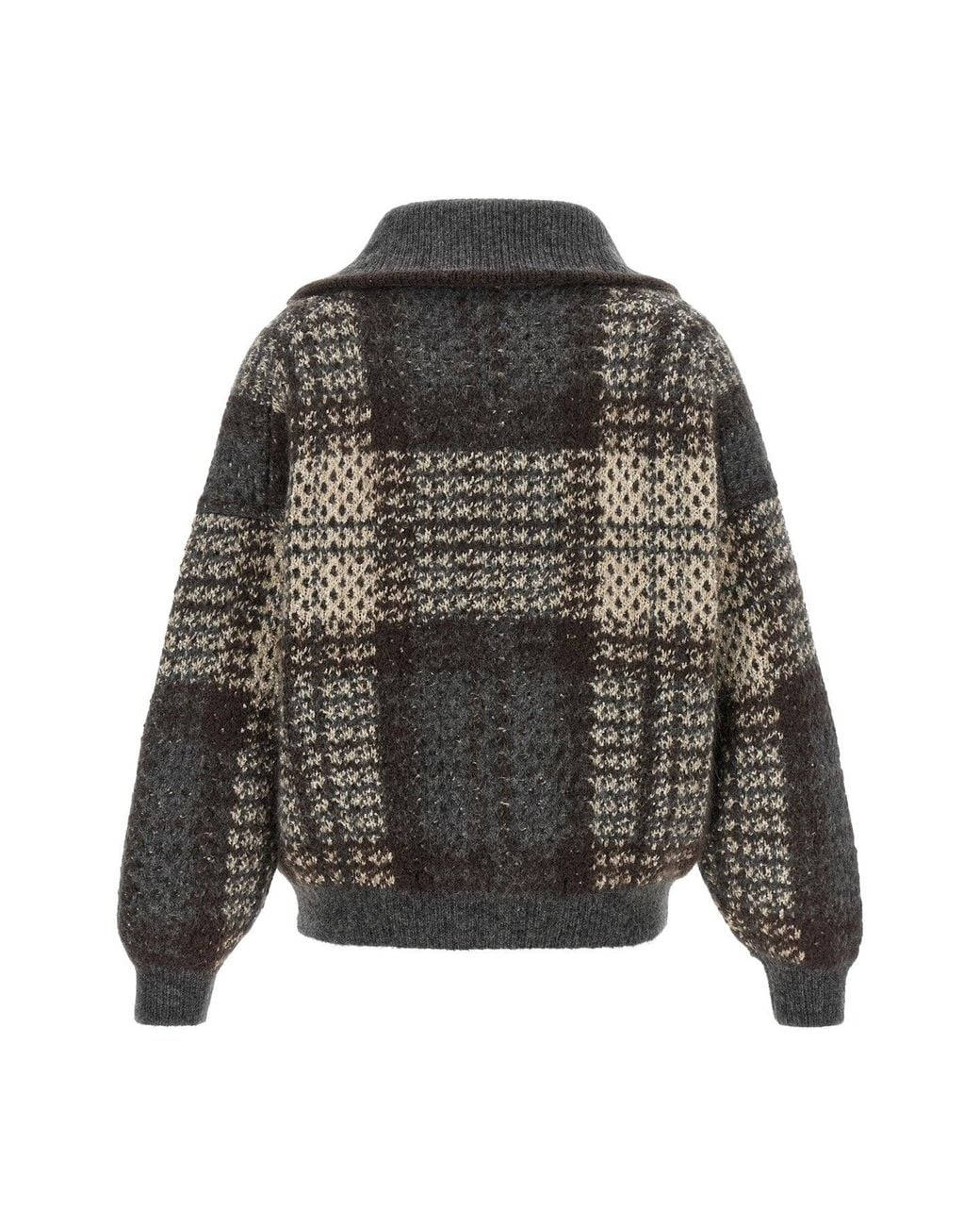 Brunello Cucinelli Black Tartan Knit Cardigan With Sequins