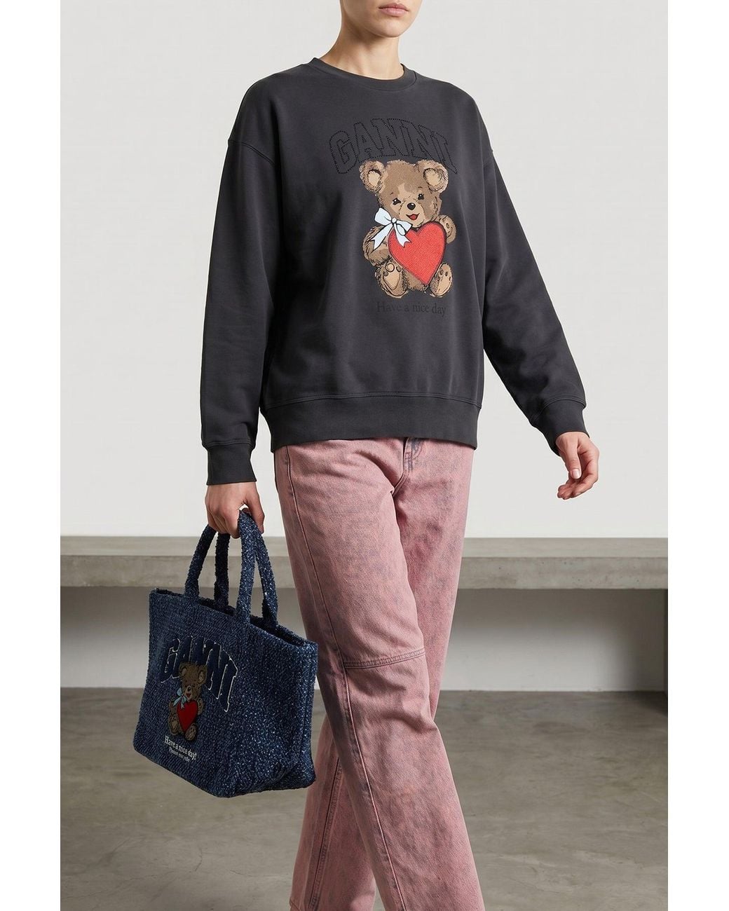 Ganni Black Oversized Sweatshirt With Studded Logo