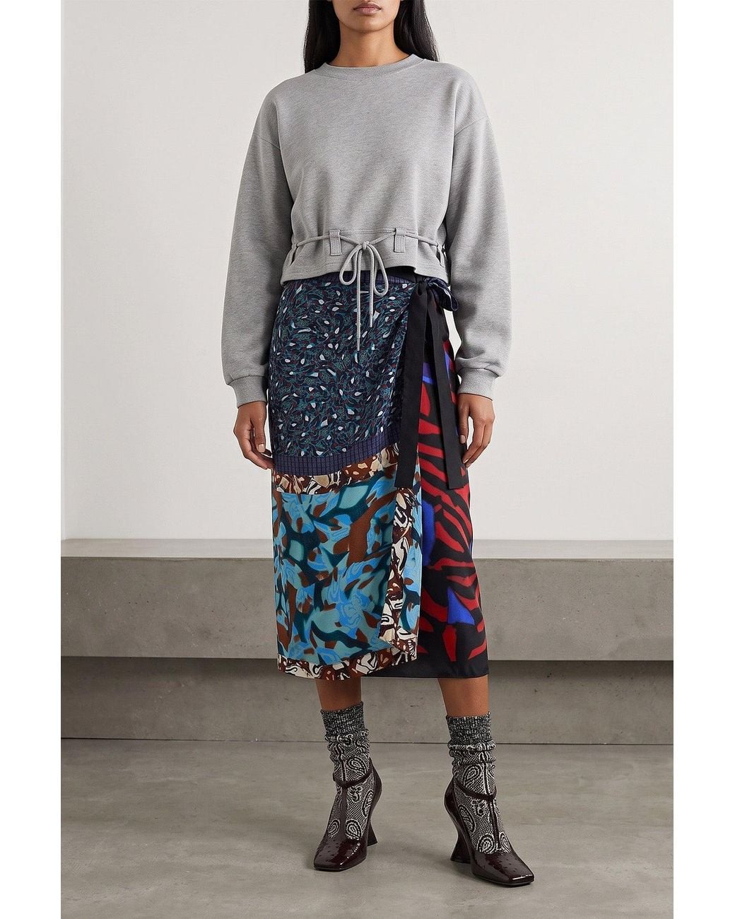 Dries Van Noten Blue Silk Wrap Skirt With Patchwork Print