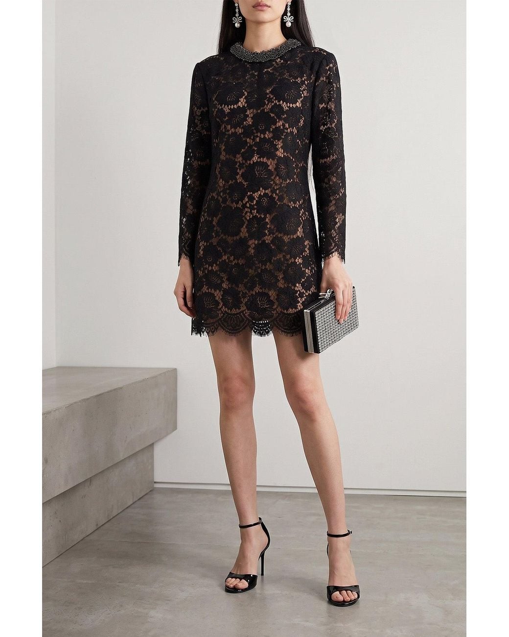 Self-Portrait Black Self-Portrait Lace Mini Dress With Embellished Neckline