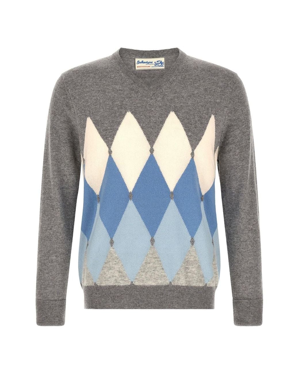 Ballantyne Blue Classic Diamond Intarsia Knit Sweater for men