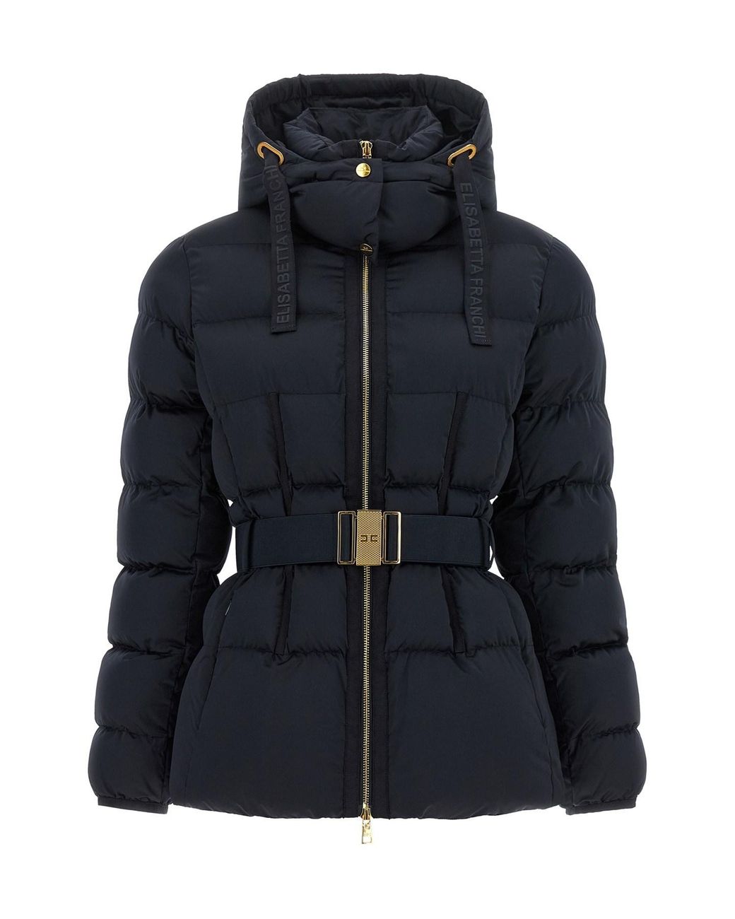 Elisabetta Franchi Blue Belted Down Jacket With Logo Buckle