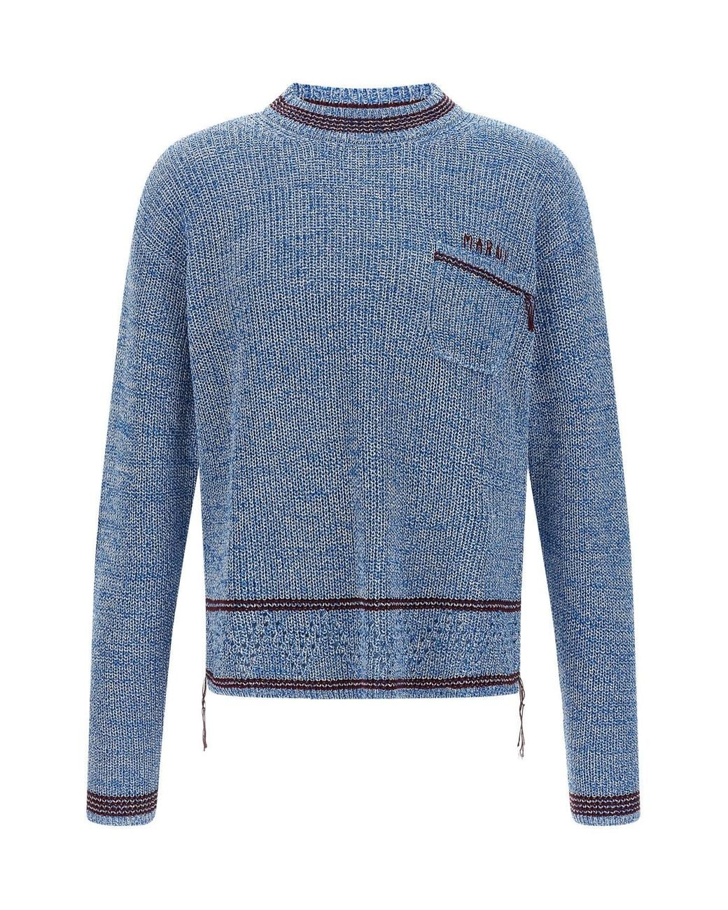 Marni Blue Crewneck Sweater With Mending Details for men