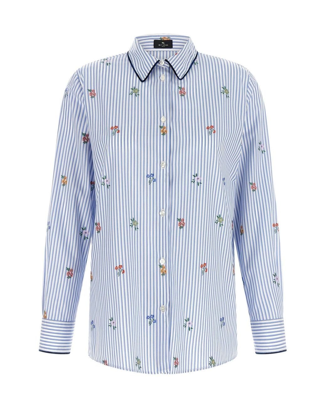 Etro Blue Cotton Shirt With Floral Embroidery