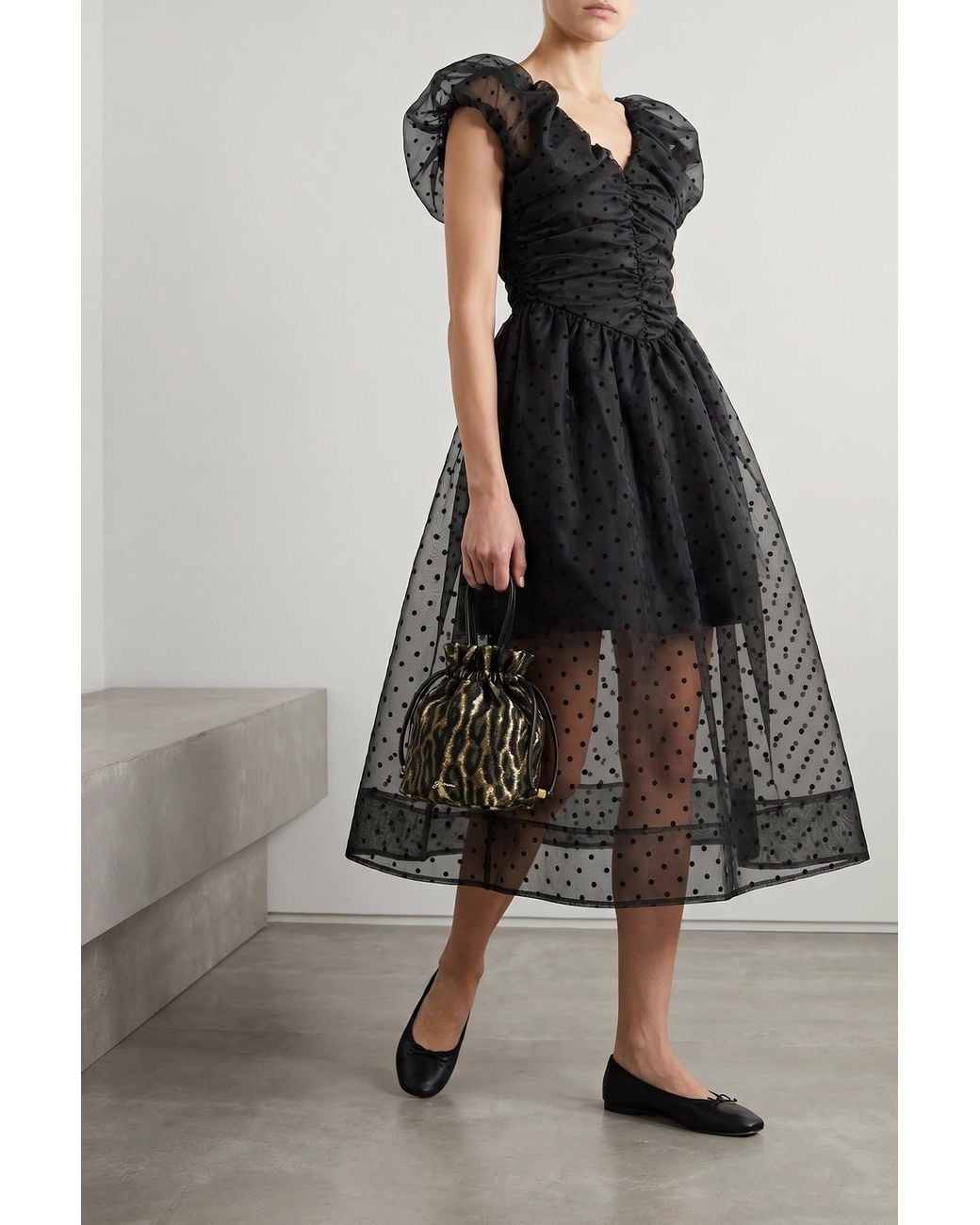 Ganni Black Flocked Organza Midi Dress