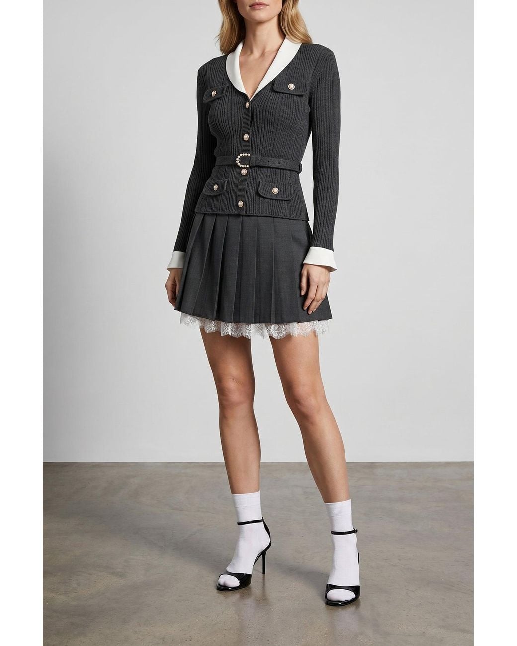 Self-Portrait Black Pleated Skirt With Lace Hem