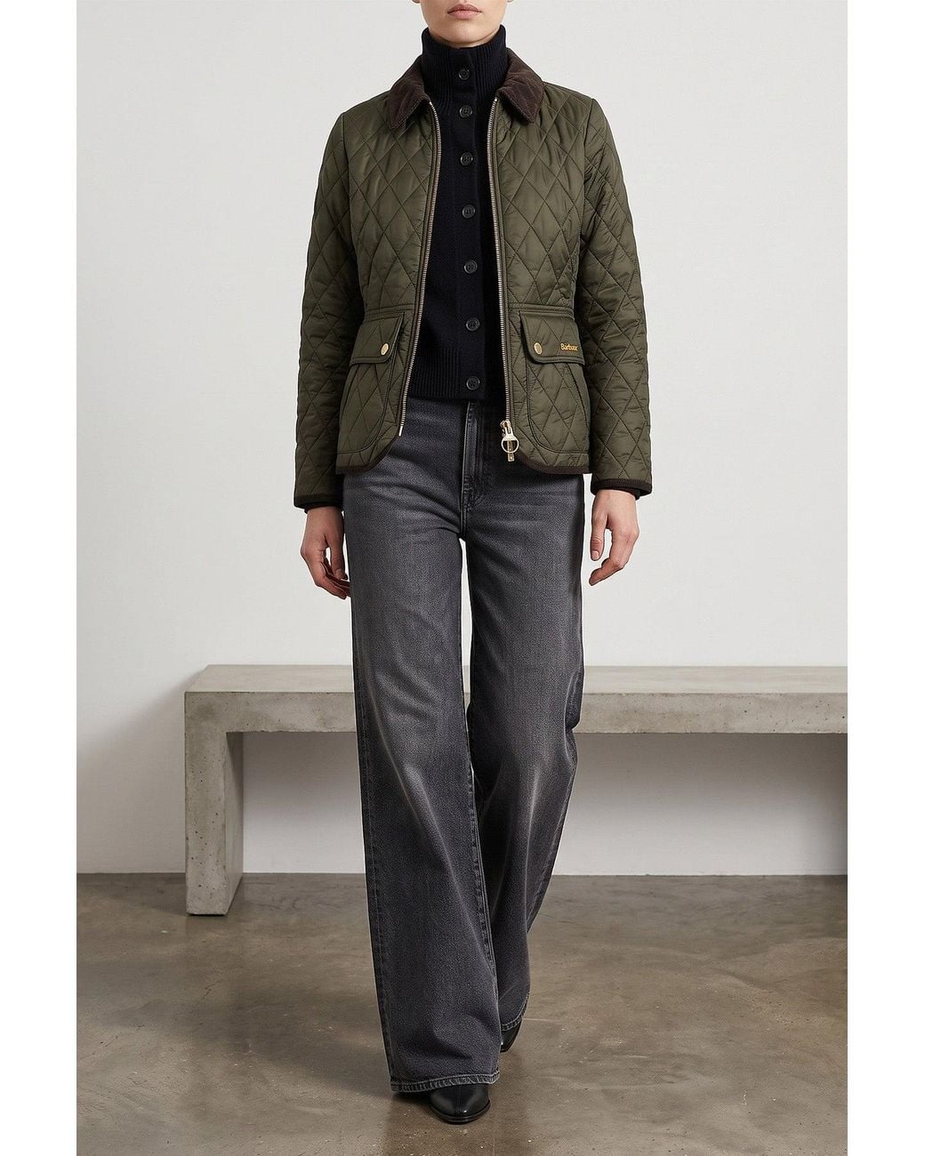 Barbour Green Quilted Jacket With Corduroy Collar