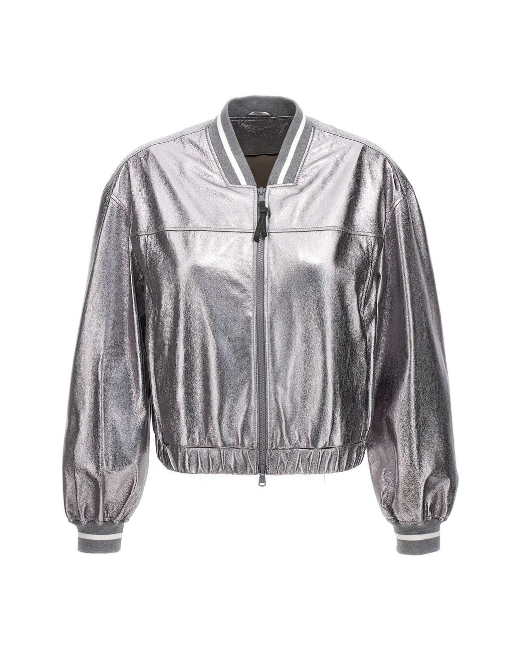 Brunello Cucinelli Metallic Laminated Leather Bomber Jacket