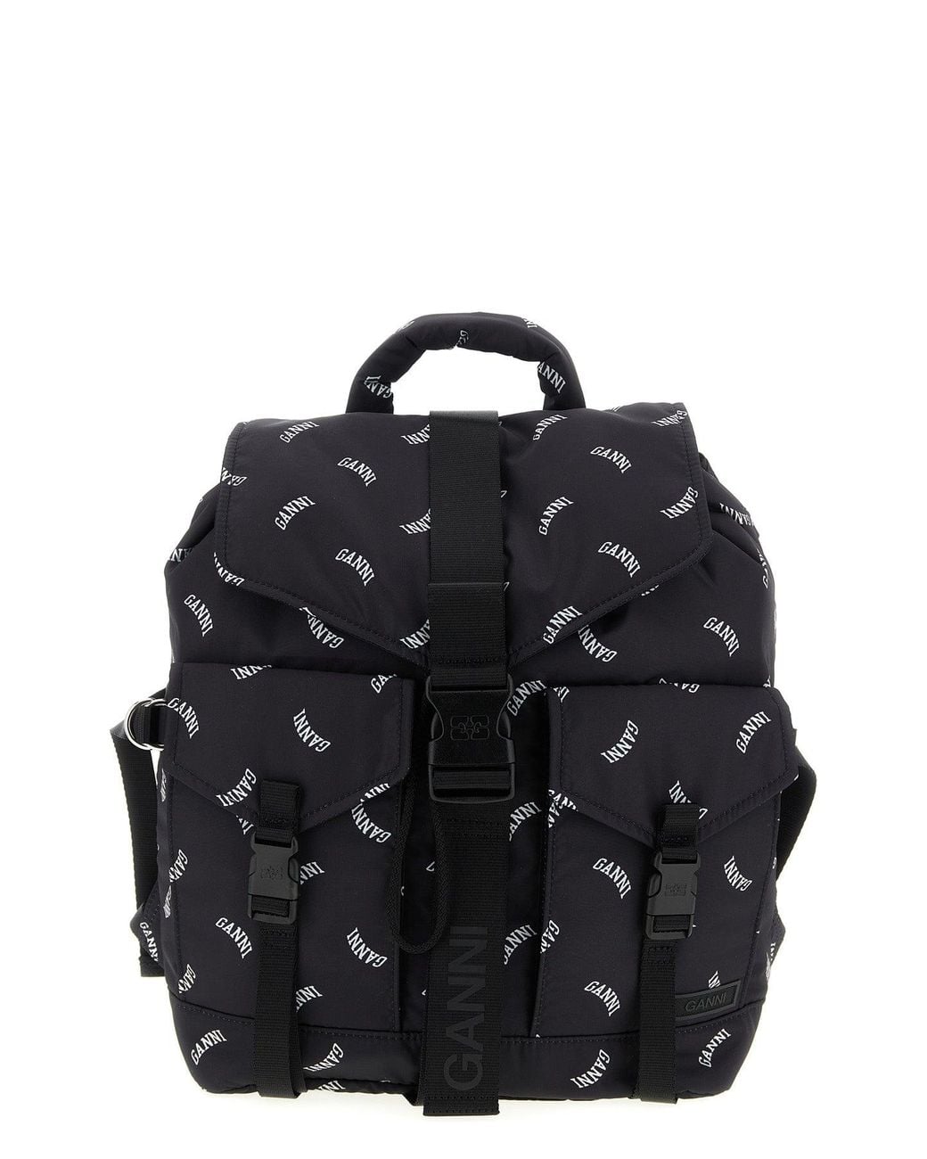 Ganni Black Backpack With All-Over Logo Print
