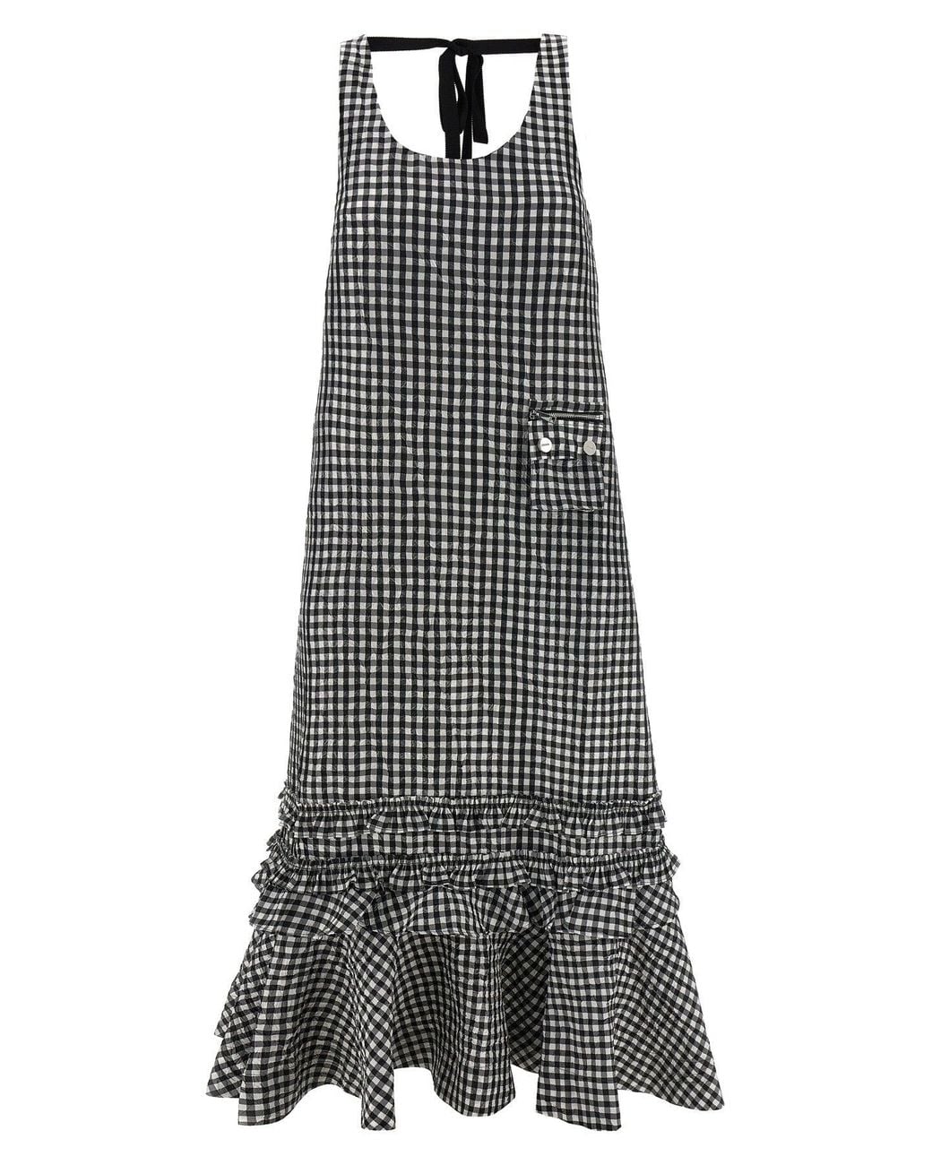 Ganni Gray Dress 'Crinkled Taffeta Check U-Neck Long Dress'
