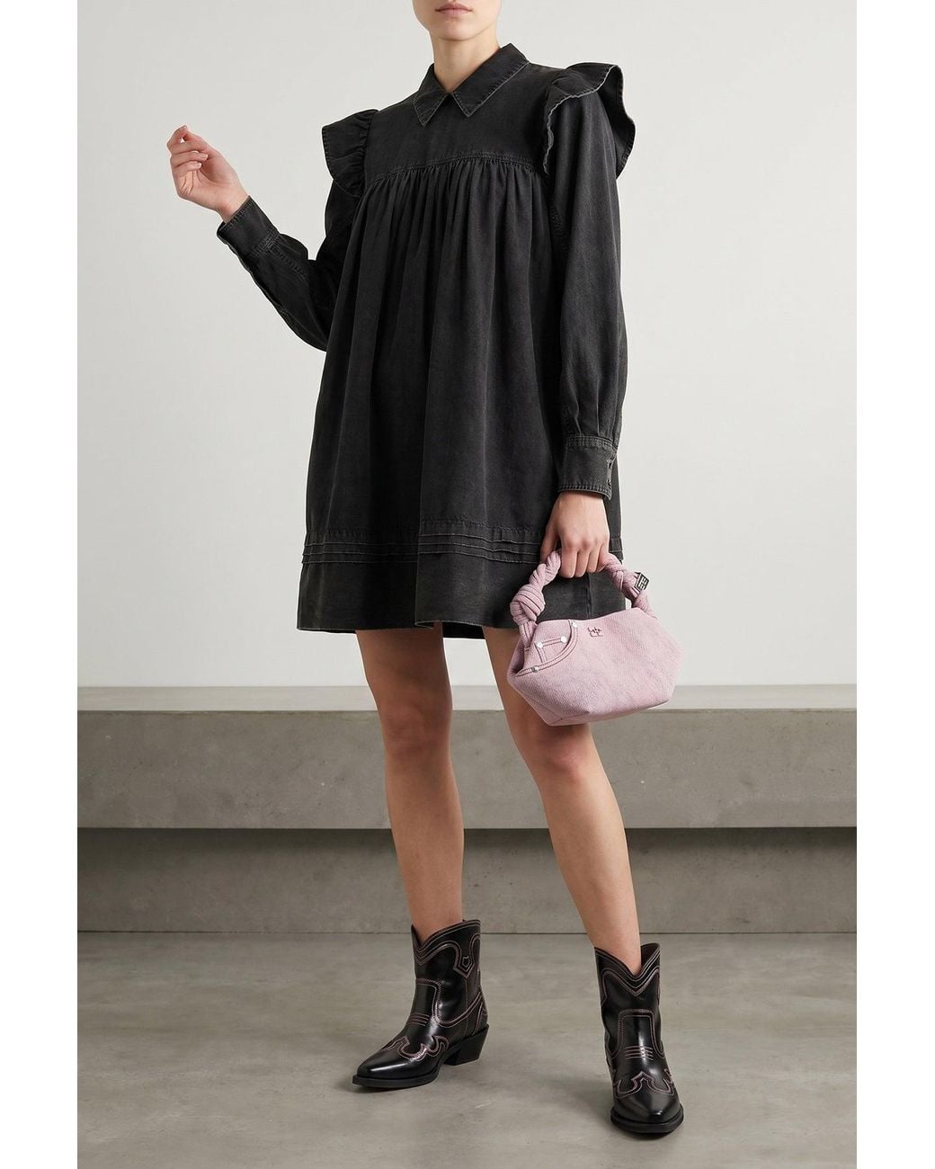 Ganni Black Mini Dress With Ruffled Shoulders