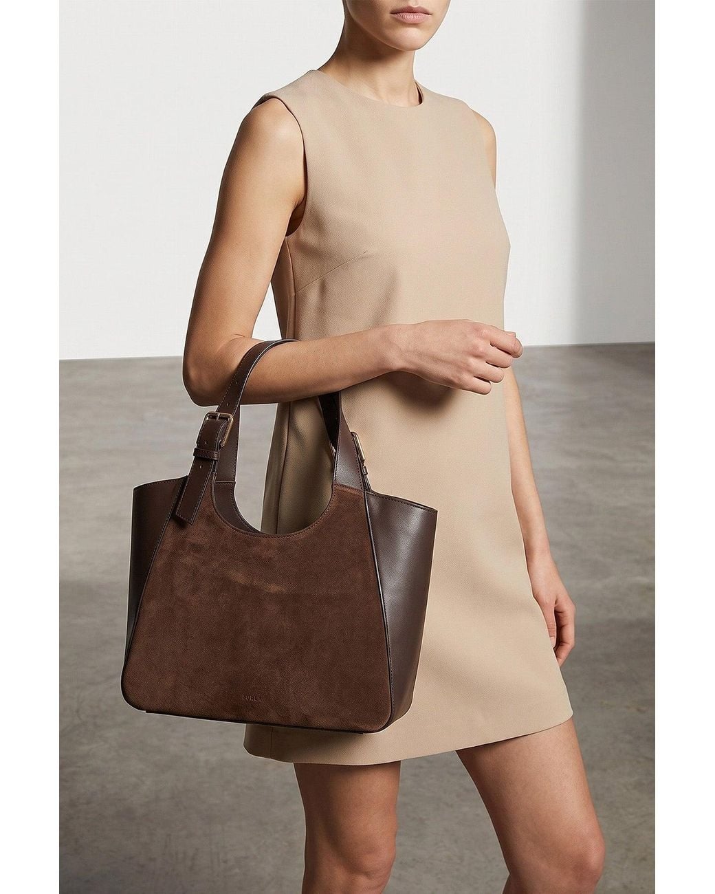 Furla Brown Tote Bag With Contrasting Panels And-Tone Buckles