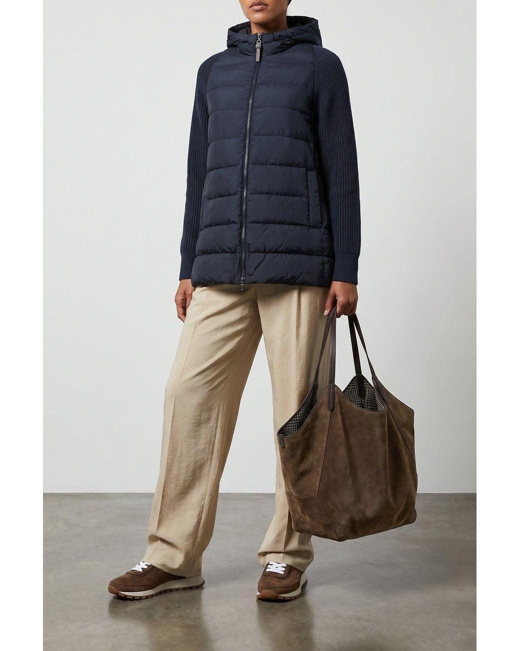 Brunello Cucinelli Blue Padded Jacket With Knitted Sleeves