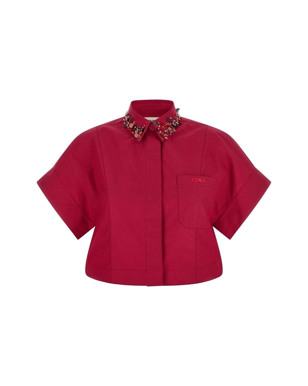Fendi Red Cropped Shirt With Embellished Collar