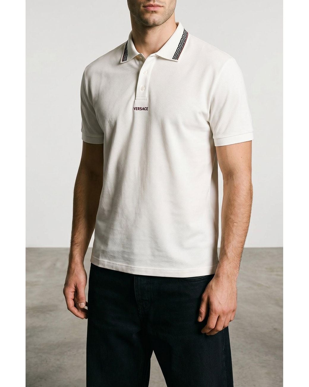 Versace White Cotton Piqué Polo With Greca Collar for men