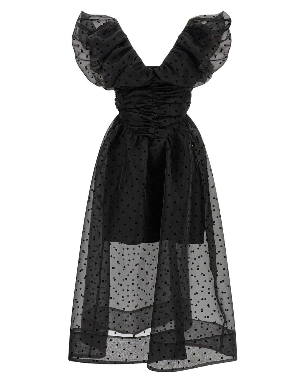 Ganni Black Flocked Organza Midi Dress