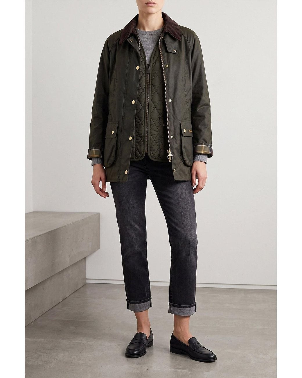 Barbour Black Waxed Cotton Jacket With Corduroy Collar