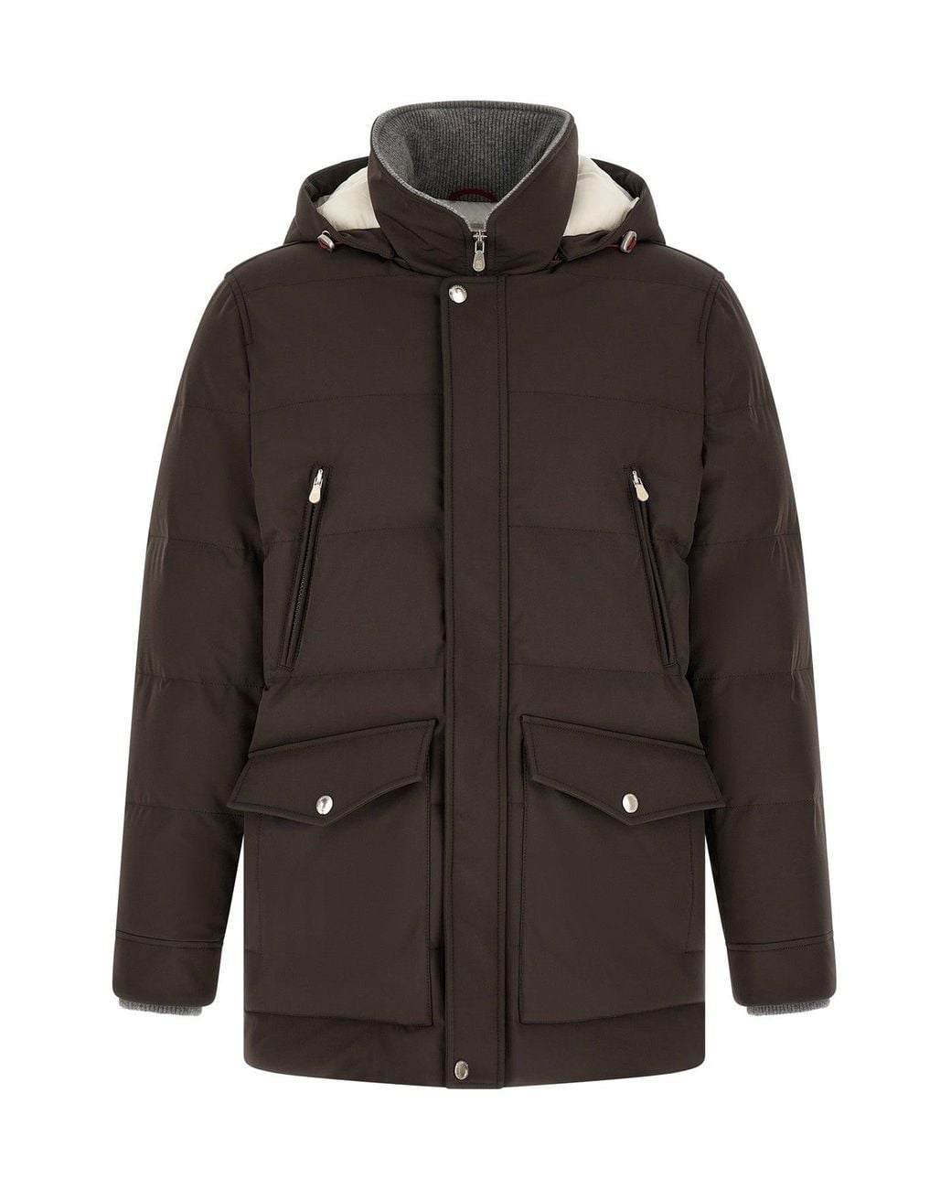 Brunello Cucinelli Black Padded Parka With Ribbed Knit Details for men