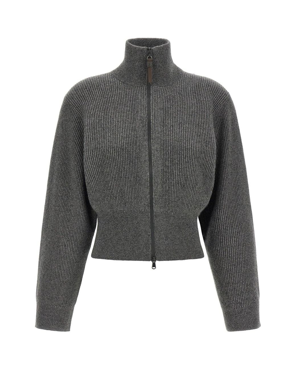Brunello Cucinelli Gray Ribbed Cardigan With Leather Detail