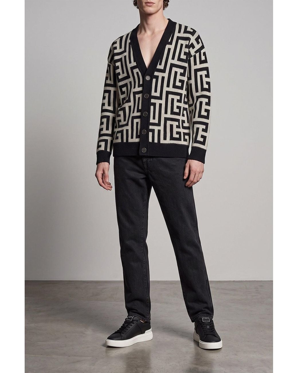 Balmain Black Macro Monogram Cashmere Blend Cardigan for men