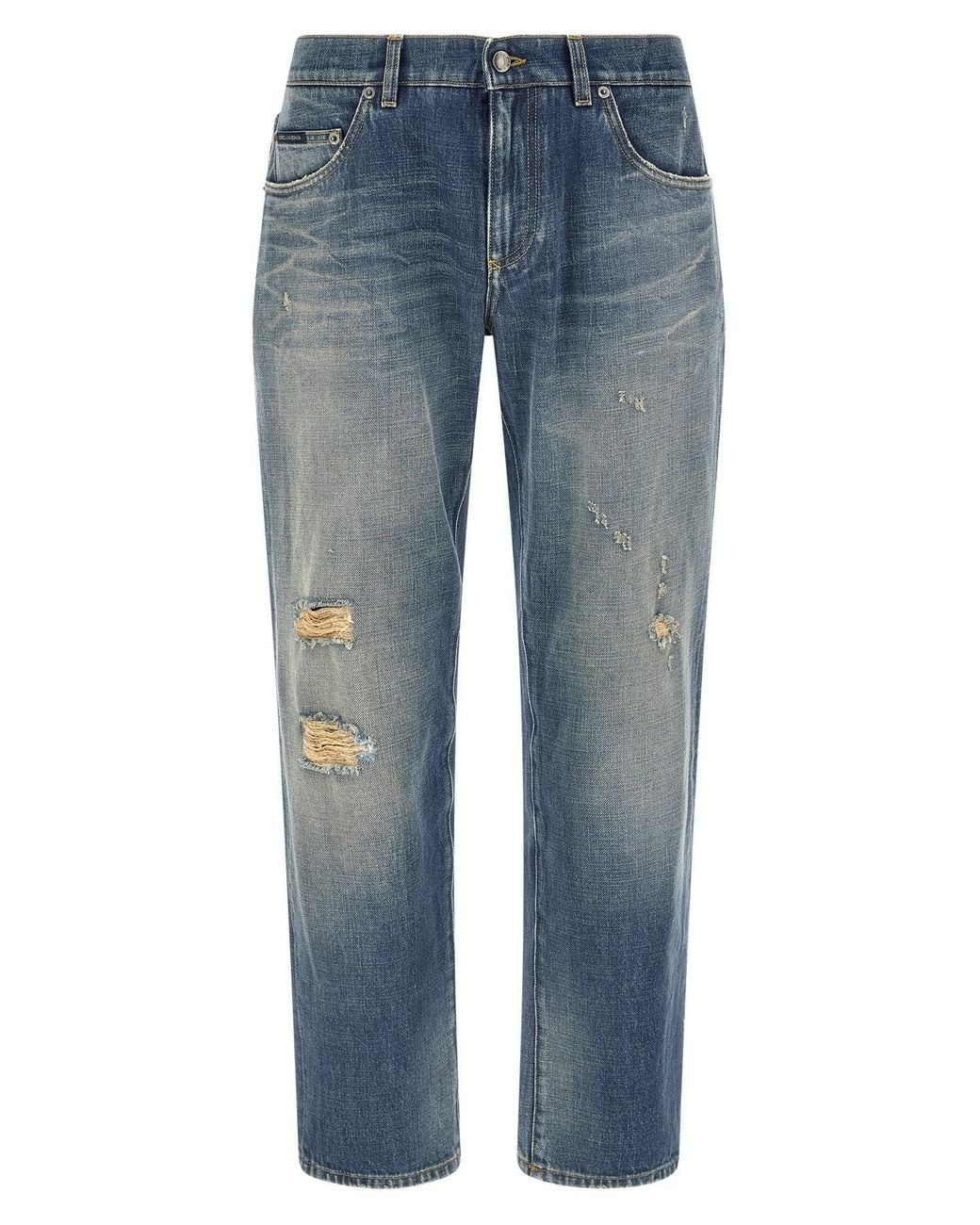 Dolce & Gabbana Blue Distressed Denim Jeans With Signature Plaque for men