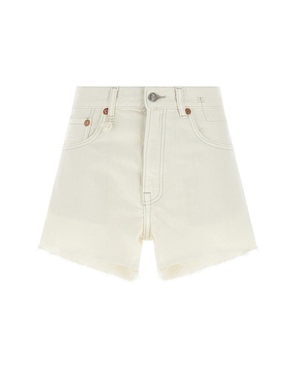 R13 White Denim Shorts With Frayed Hem