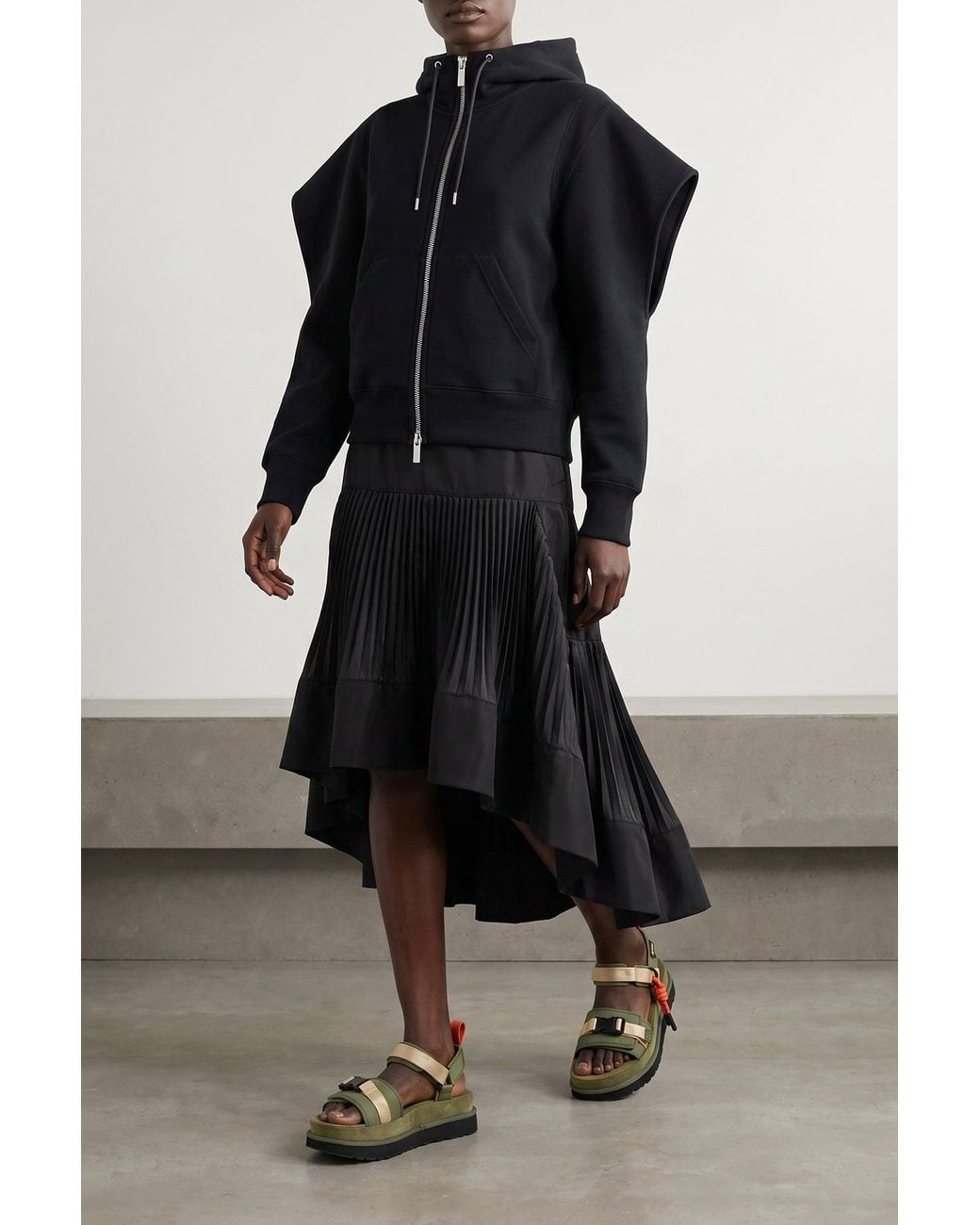 Sacai Black Asymmetrical Skirt With Pleated Panels