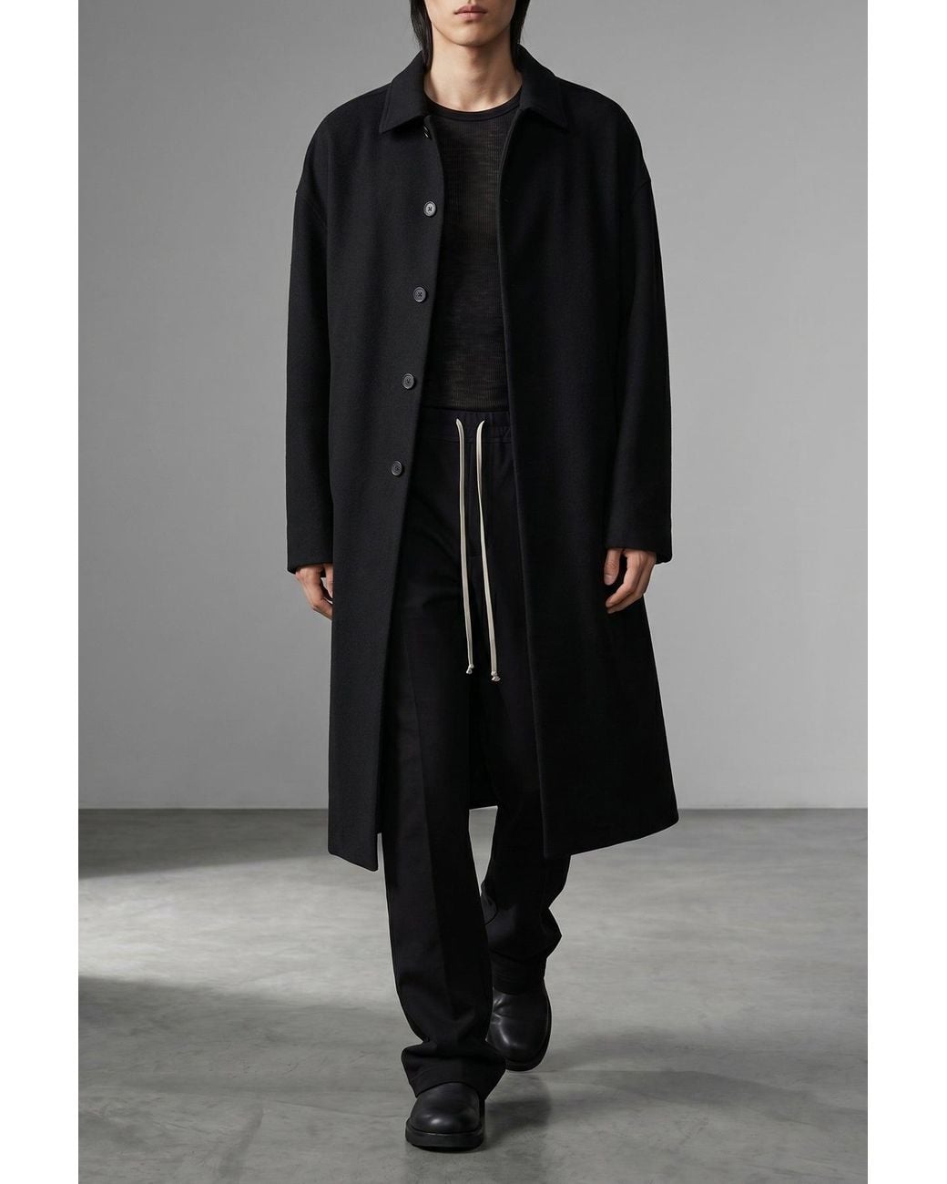Rick Owens Black Single-Breasted Virgin Wool Coat for men