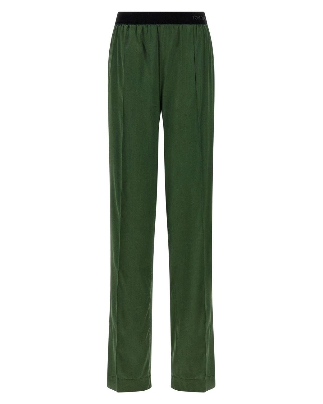 Tom Ford Green Silk Trousers With Logo Waistband