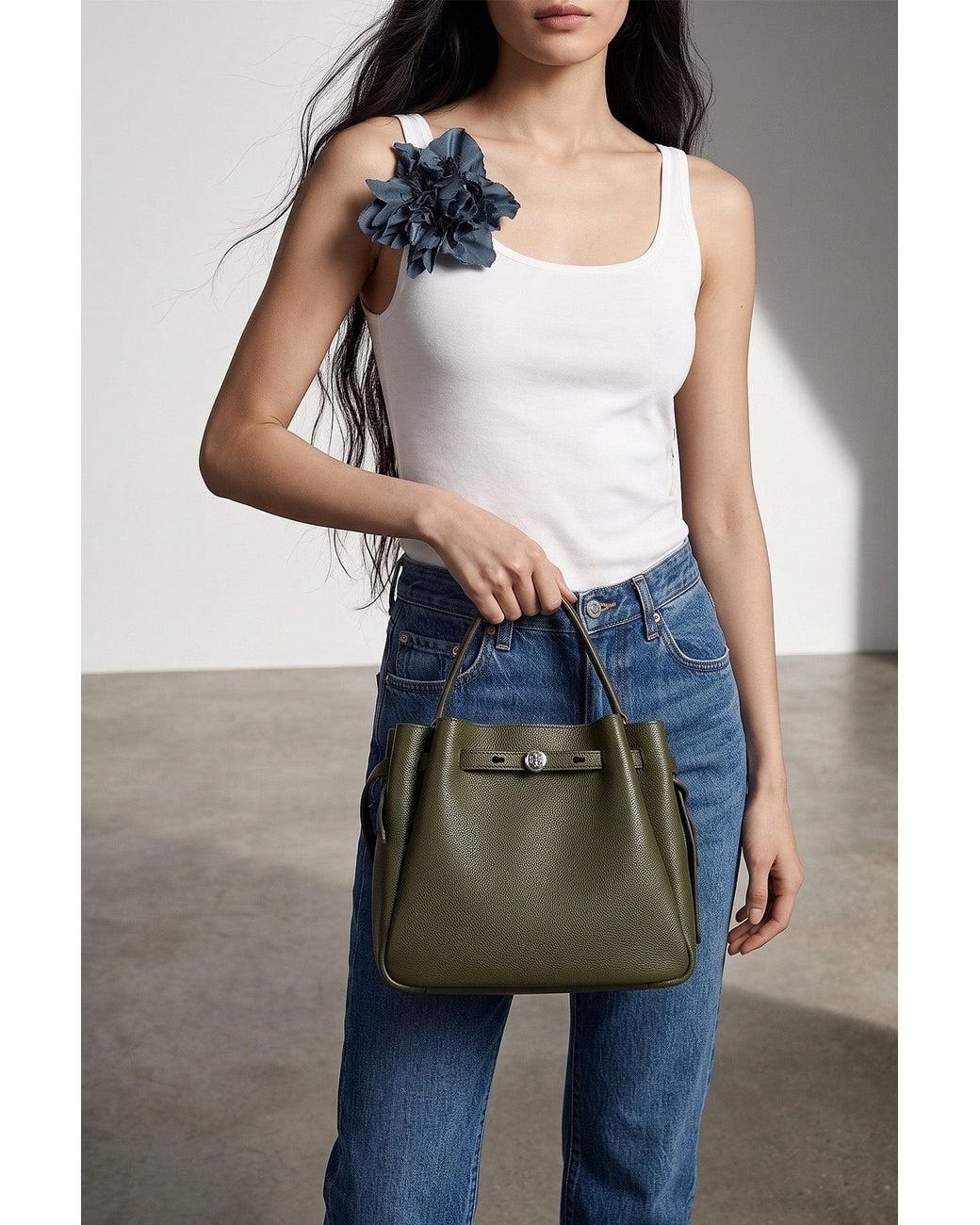 Tory Burch Green Bucket Bag With Belted Closure