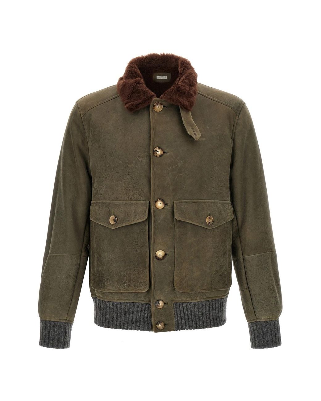 Brunello Cucinelli Green Waxed Shearling Bomber Jacket for men