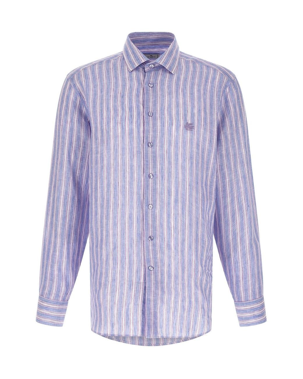 Etro Purple Striped Linen Shirt With Embroidered Pegaso for men