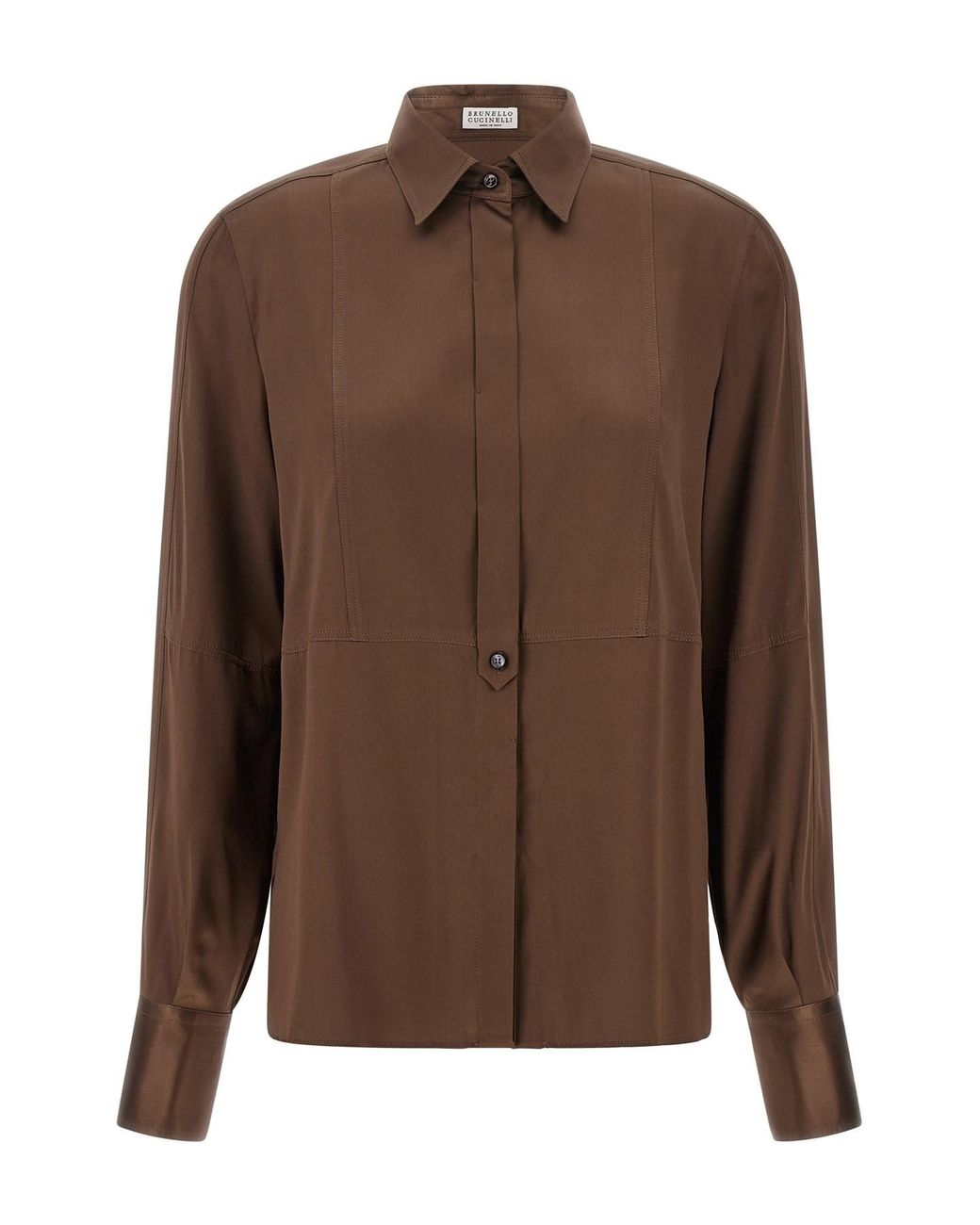 Brunello Cucinelli Brown Stretch Silk Satin Shirt