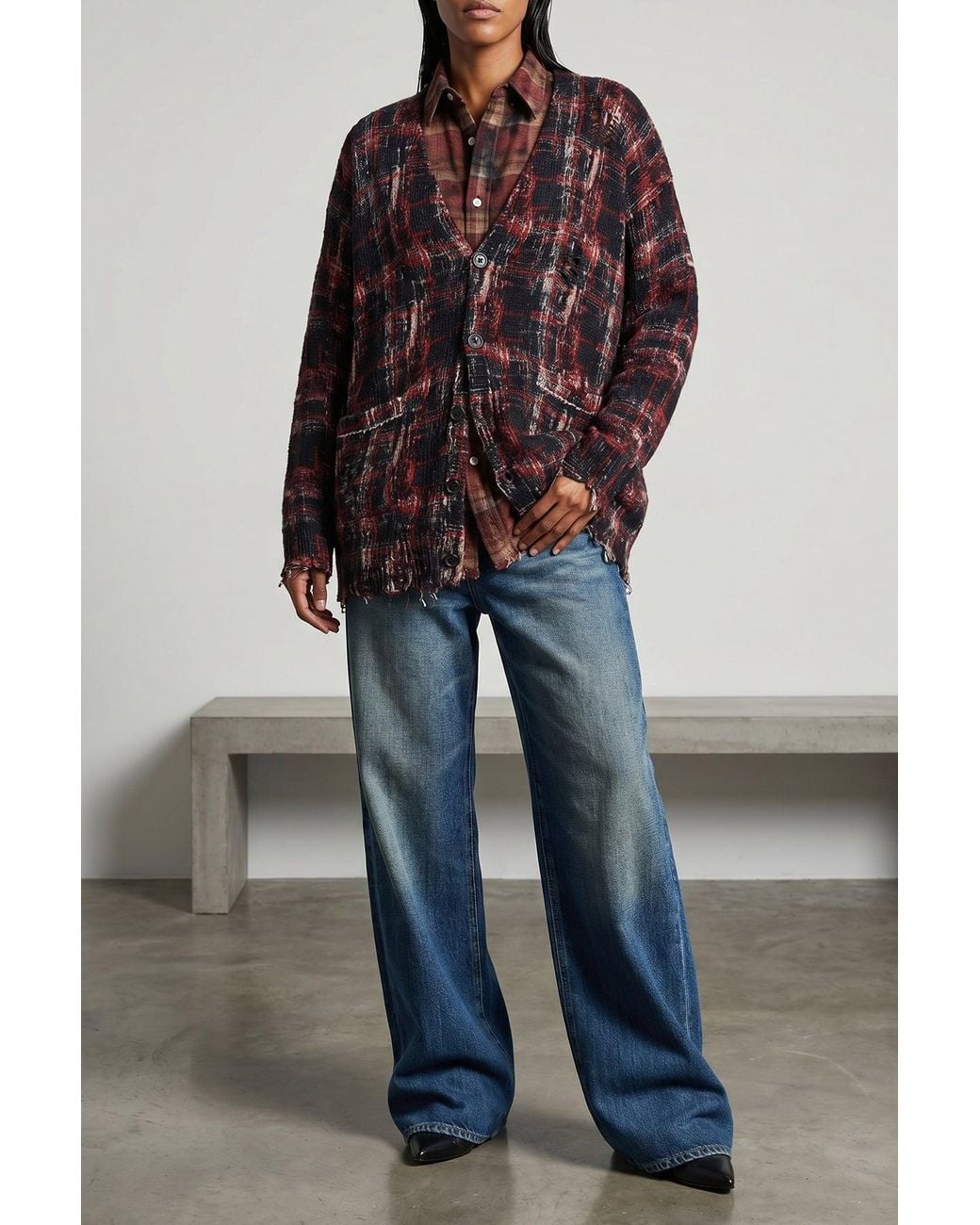 R13 Brown Oversized Frayed Plaid Shirt