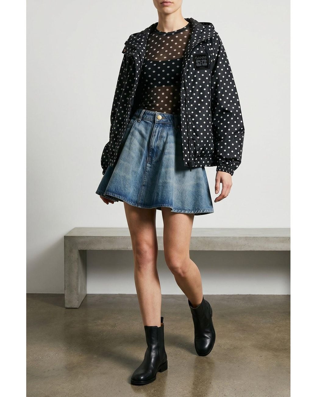 Ganni Black Sheer Polka-Dot Top