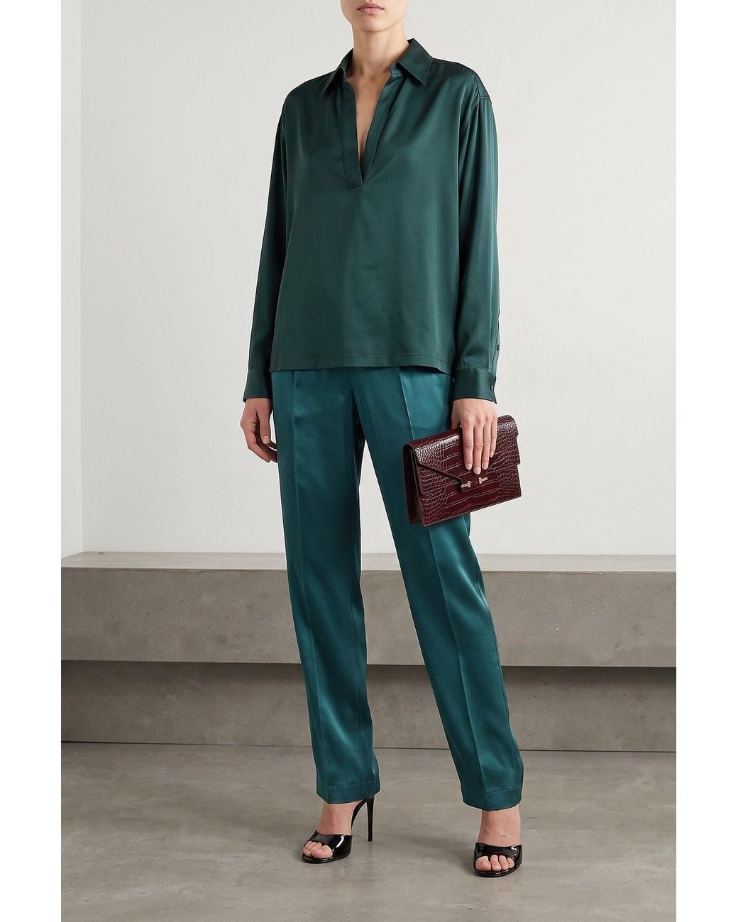 Tom Ford Green Silk Satin Polo With Deep V-Neck