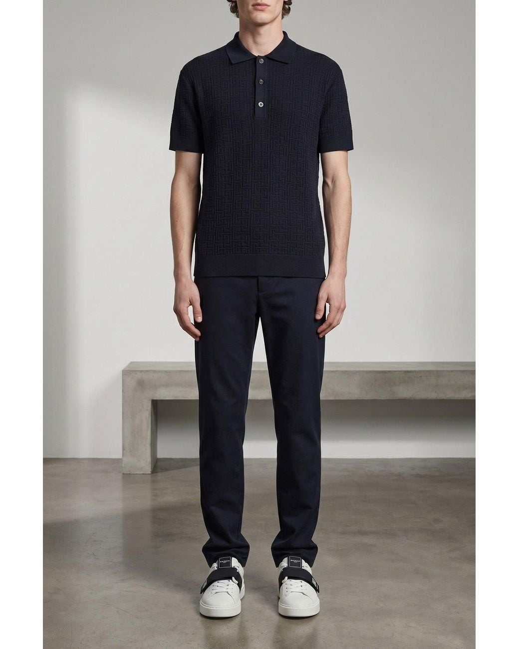Balmain Black Polo Shirt With Monogram Jacquard Weave for men