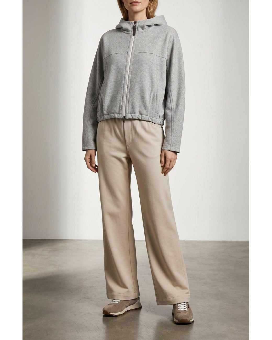 Brunello Cucinelli Gray 'Shiny Zipper Pull' Cropped Hoodie