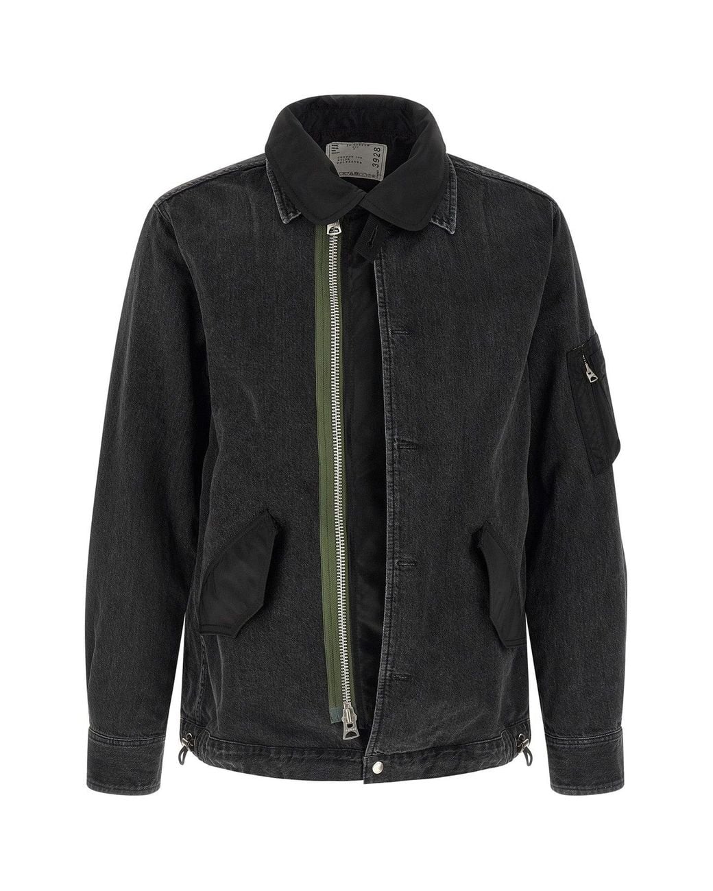 Sacai Black Hybrid Denim Jacket With Asymmetrical Zip for men