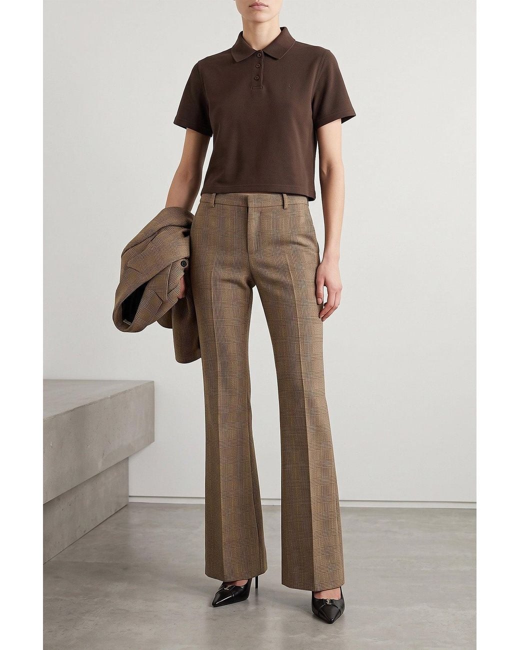 Saint Laurent Brown Cassandre Cropped Polo Shirt