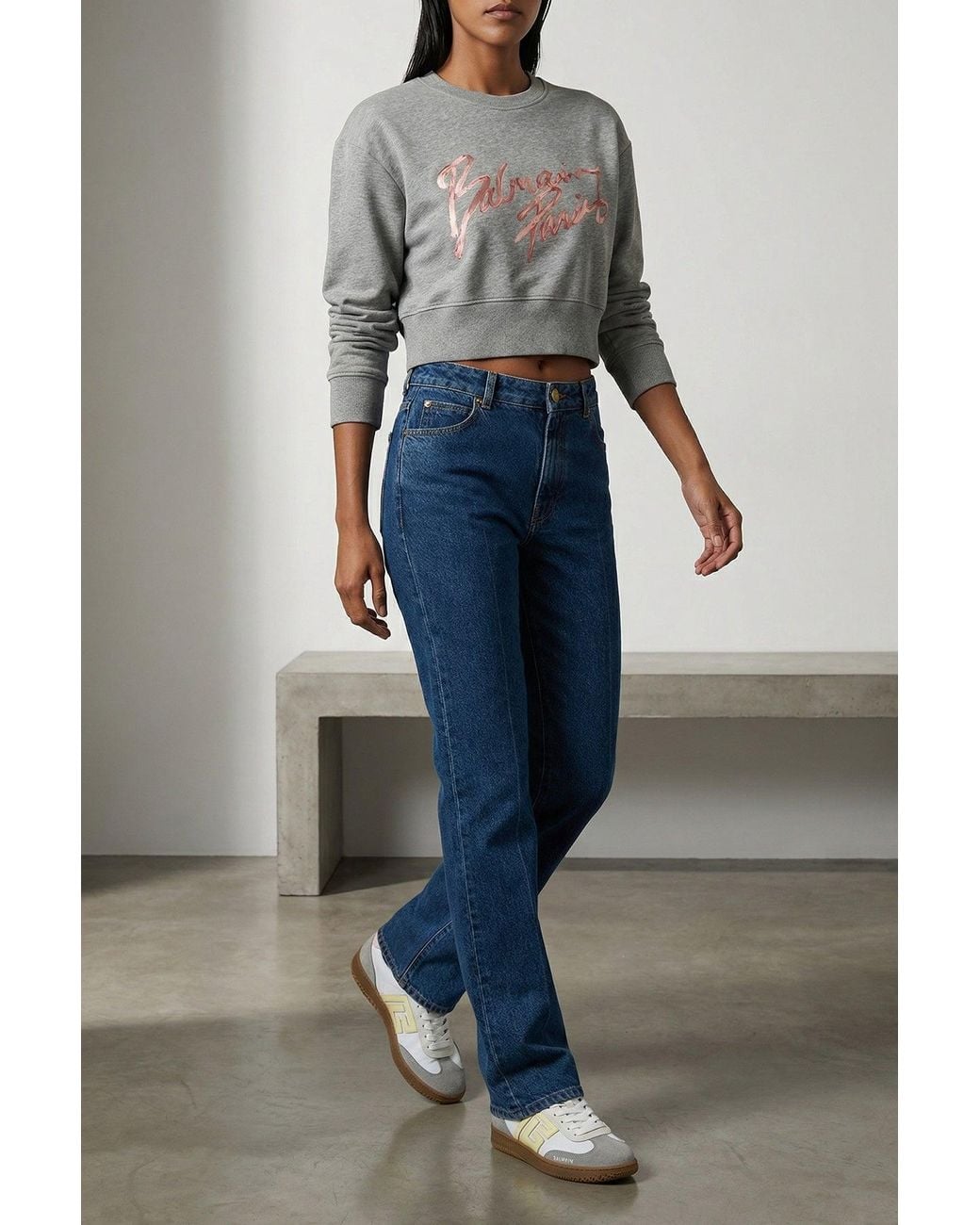 Balmain Gray Cropped Sweatshirt With Textured Logo
