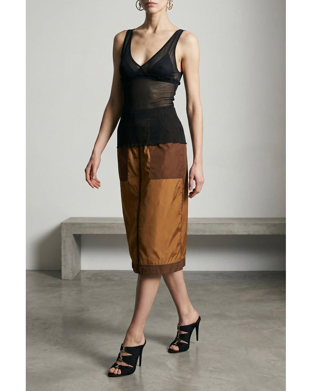 Saint Laurent Brown Midi Skirt With Contrast Paneling