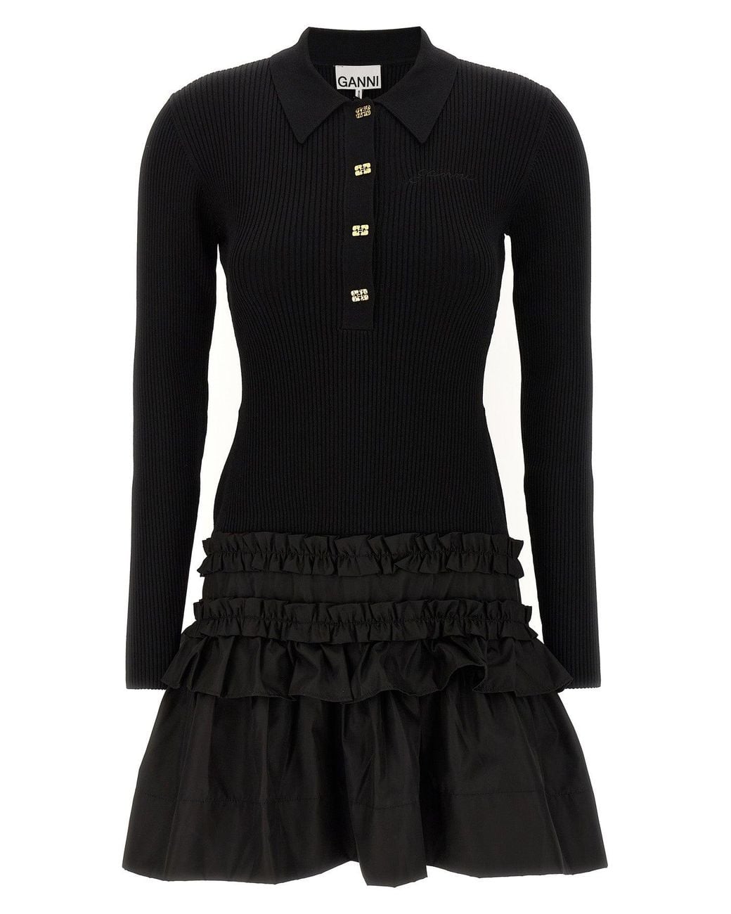Ganni Black Dress 'Melange Rib Knit Mini Dress'