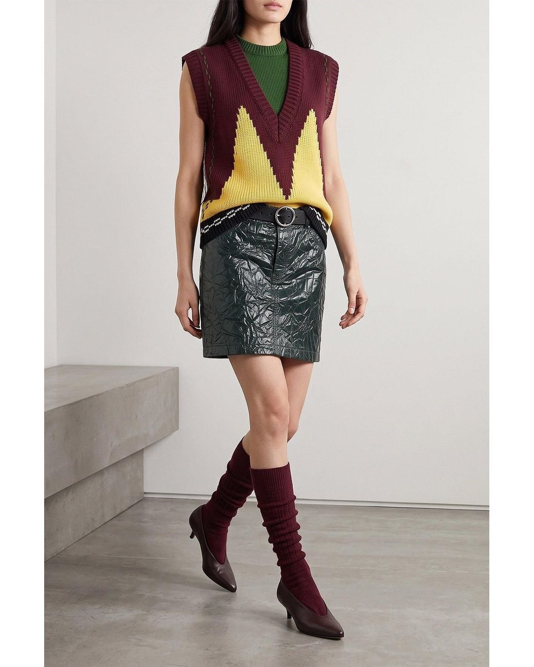 Marni Green Crinkled-Effect Skirt