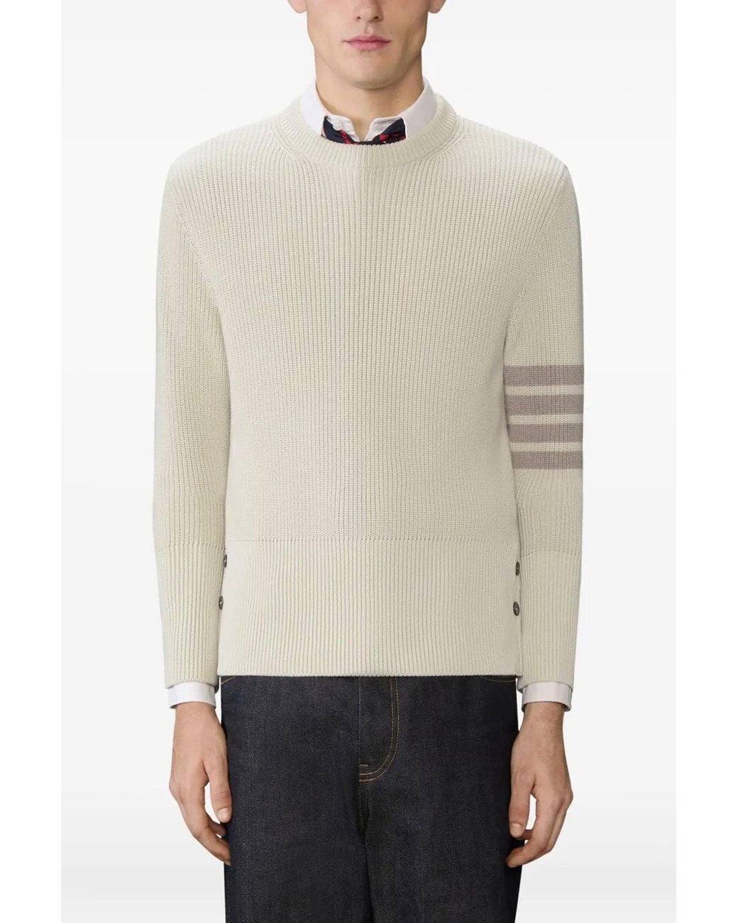 Thom Browne Natural Crewneck Sweater With 4-Bar Detail for men
