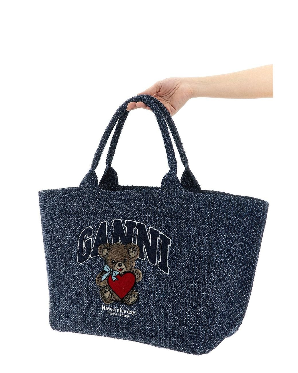 Ganni Blue Shopping Bag Embroidered Bear Detail